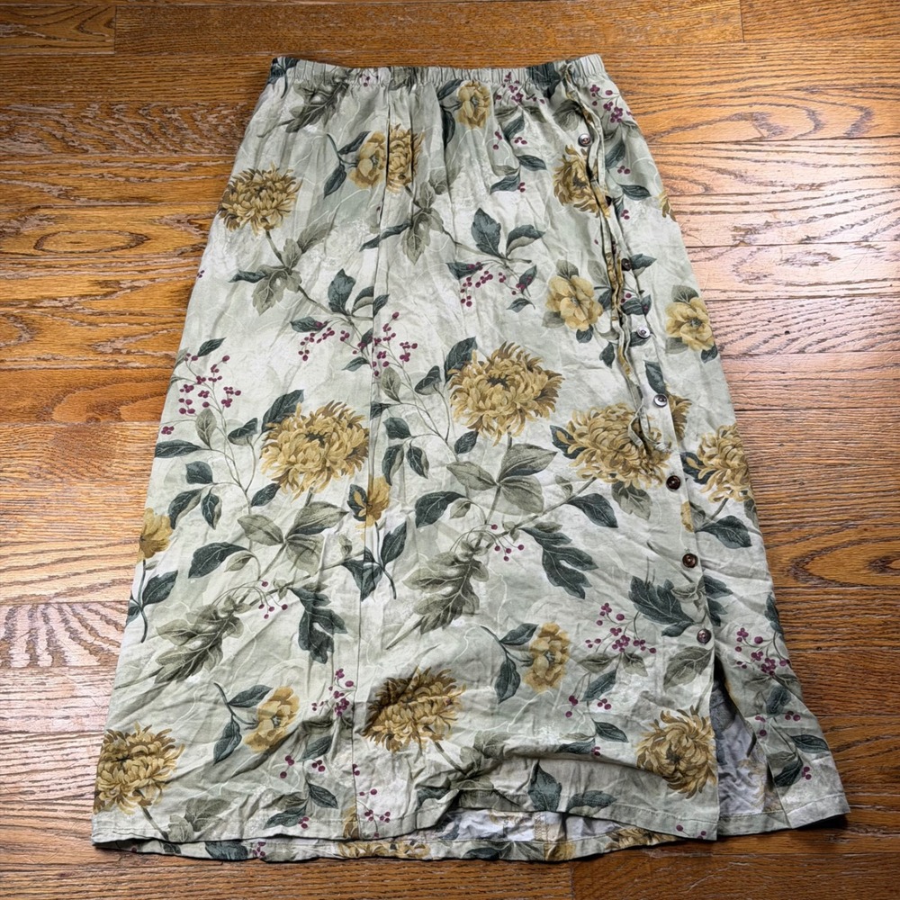 Vintage Cottagecore Floral Button Side Maxi Skirt Green Yellow Prairie Medium